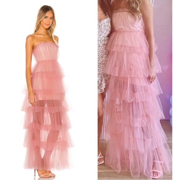 Lovers and Friends Bobbit Tulle Tiered Strapless Blush Pink Maxi Gown Size XXS - Picture 2 of 10